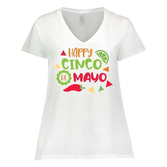Inktastic Happy Cinco De Mayo with Lime and Red Pepper Women's Plus Size V-Neck T-Shirt