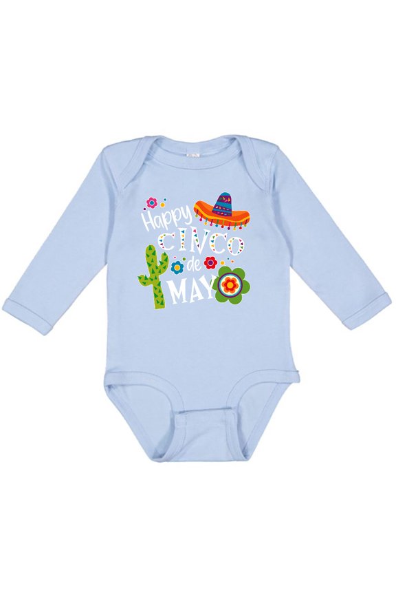 Happy Cinco de Mayo- Sombrero, Cactus, Flowers Boys or Girls Long Sleeve Baby Bodysuit