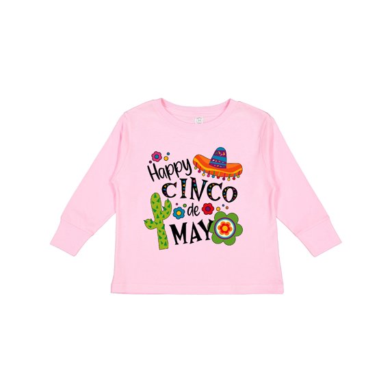 Inktastic Happy Cinco de Mayo- Sombrero, Cactus, Flowers Boys or Girls Long Sleeve Toddler T-Shirt