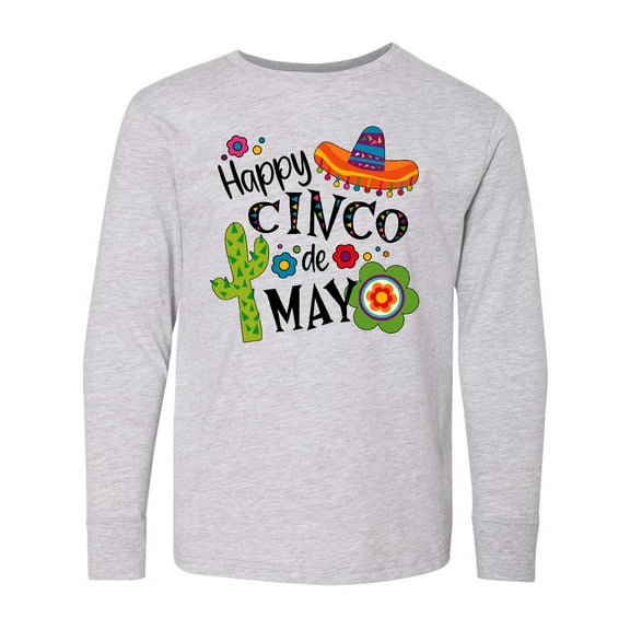 Inktastic Happy Cinco de Mayo- Sombrero, Cactus, Flowers Long Sleeve Youth T-Shirt