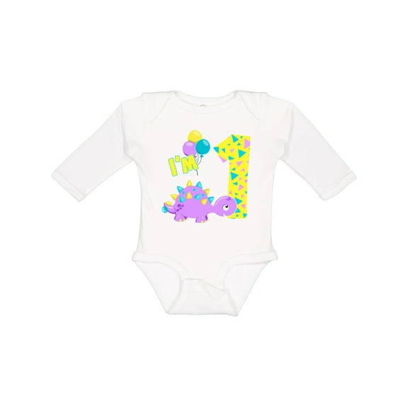 Inktastic Happy Dinosaur First Birthday-purple Boys or Girls Long Sleeve Baby Bodysuit