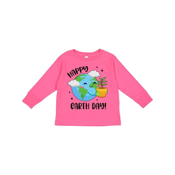 Inktastic Happy Earth Day Cute Smiling Planet Earth with Tree Boys or Girls Long Sleeve Toddler T-Shirt