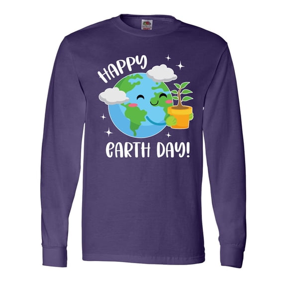 Inktastic Happy Earth Day Cute Smiling Planet Earth with Tree Long Sleeve T-Shirt