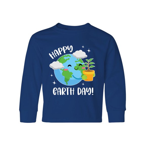 Inktastic Happy Earth Day Cute Smiling Planet Earth with Tree Long Sleeve Youth T-Shirt