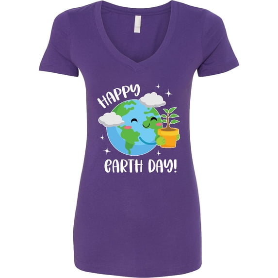 Inktastic Happy Earth Day Cute Smiling Planet Earth with Tree Women's V-Neck T-Shirt