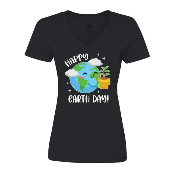 Inktastic Happy Earth Day Cute Smiling Planet Earth with Tree Women's V-Neck T-Shirt