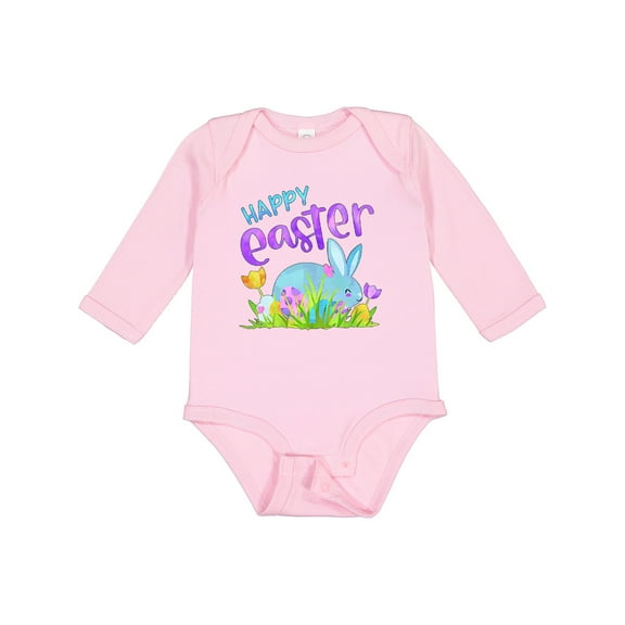 Inktastic Happy Easter Blue Bunny and Eggs in Grass Boys or Girls Long Sleeve Baby Bodysuit