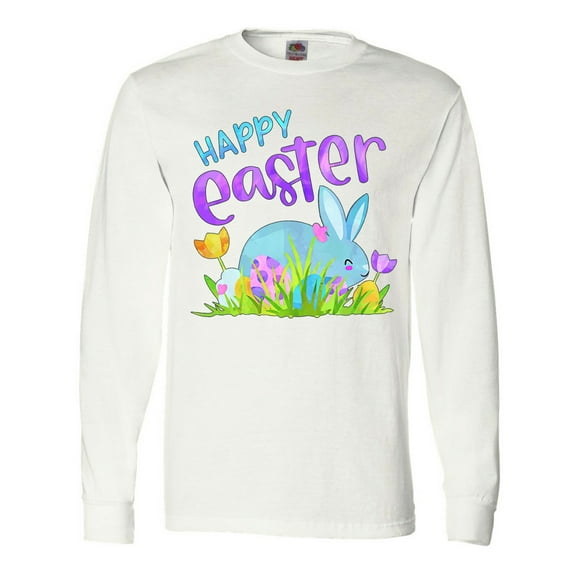 Inktastic Happy Easter Blue Bunny and Eggs in Grass Long Sleeve T-Shirt