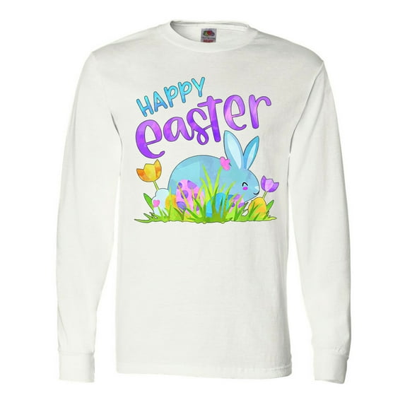 Inktastic Happy Easter Blue Bunny and Eggs in Grass Long Sleeve T-Shirt