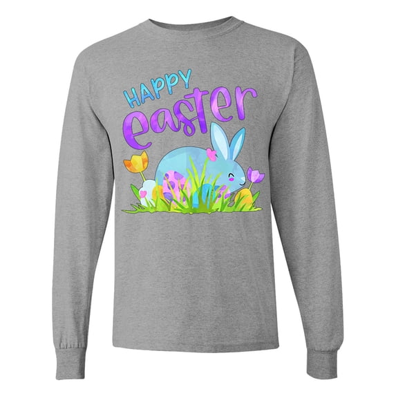 Inktastic Happy Easter Blue Bunny and Eggs in Grass Long Sleeve T-Shirt