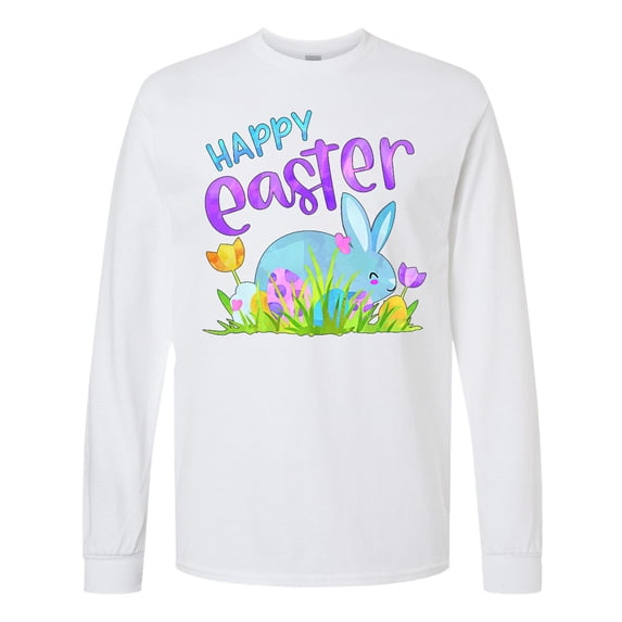 Inktastic Happy Easter Blue Bunny and Eggs in Grass Long Sleeve T-Shirt