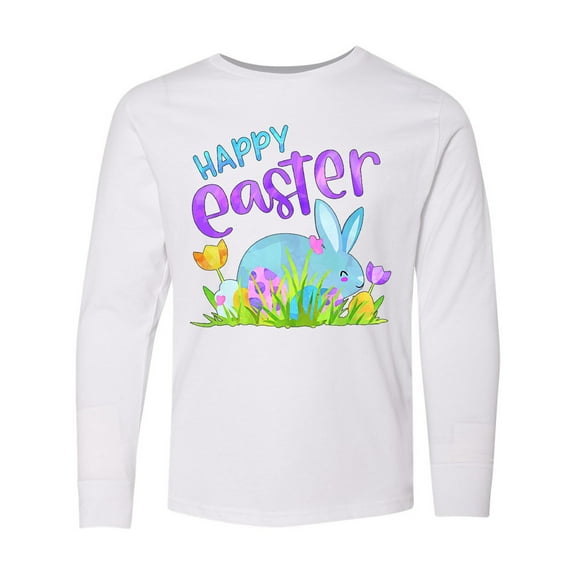 Inktastic Happy Easter Blue Bunny and Eggs in Grass Long Sleeve Youth T-Shirt