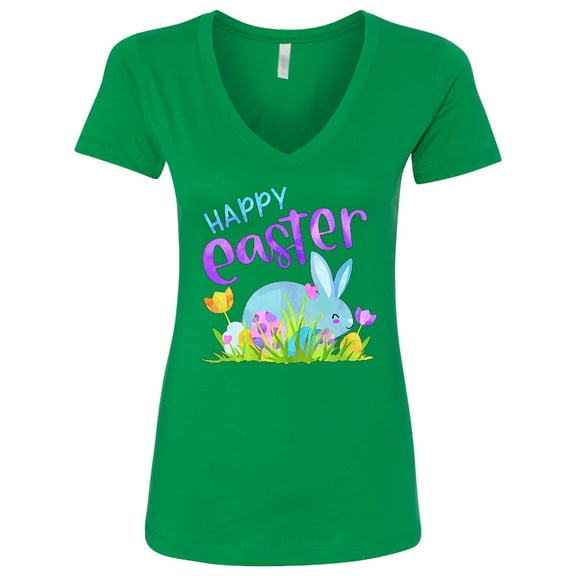 Inktastic Happy Easter Blue Bunny and Eggs in Grass Women's V-Neck T-Shirt