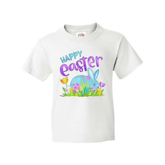 Inktastic Happy Easter Blue Bunny and Eggs in Grass Youth T-Shirt