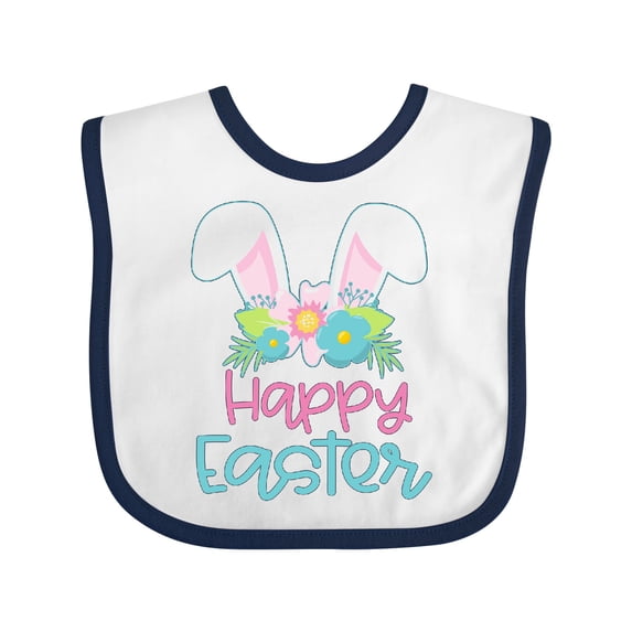 Inktastic Happy Easter with Bunny Ears and Flowers Boys or Girls Baby Bib