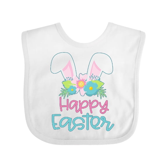 Inktastic Happy Easter with Bunny Ears and Flowers Boys or Girls Baby Bib
