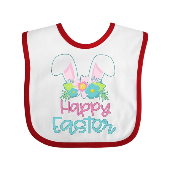 Inktastic Happy Easter with Bunny Ears and Flowers Boys or Girls Baby Bib