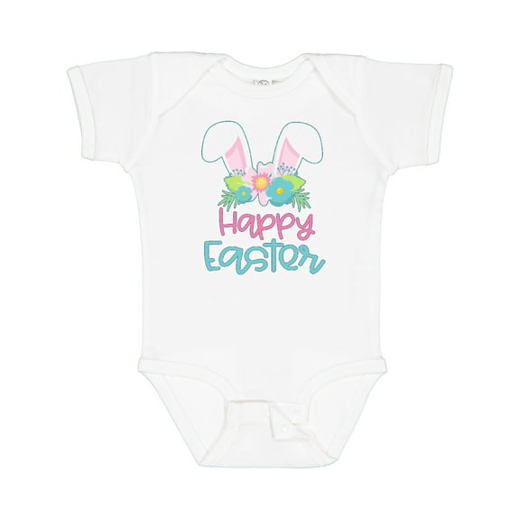 Inktastic Happy Easter with Bunny Ears and Flowers Boys or Girls Baby Bodysuit