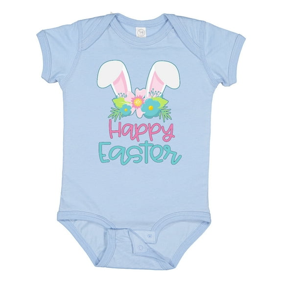 Inktastic Happy Easter with Bunny Ears and Flowers Boys or Girls Baby Bodysuit