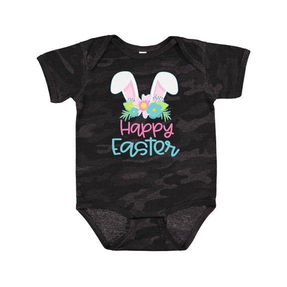 Inktastic Happy Easter with Bunny Ears and Flowers Boys or Girls Baby Bodysuit