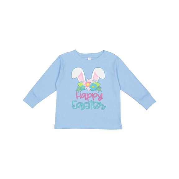 Inktastic Happy Easter with Bunny Ears and Flowers Boys or Girls Long Sleeve Toddler T-Shirt