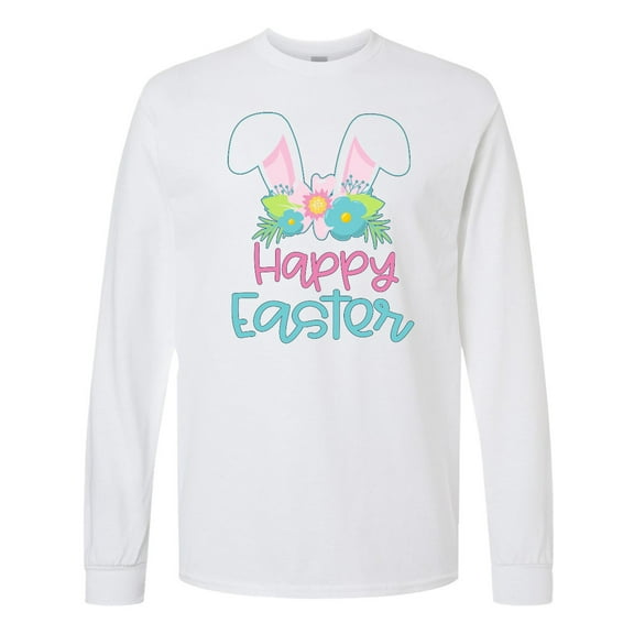 Inktastic Happy Easter with Bunny Ears and Flowers Long Sleeve T-Shirt