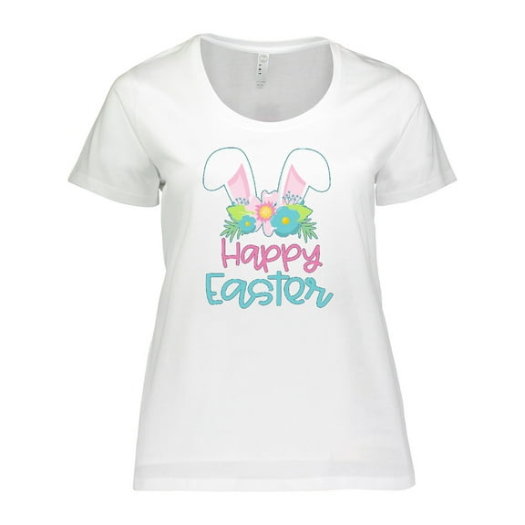 Inktastic Happy Easter with Bunny Ears and Flowers Women's Plus Size T-Shirt