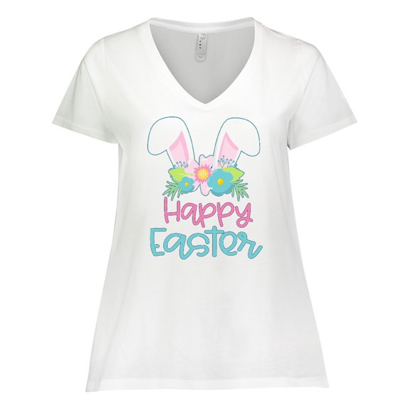 Inktastic Happy Easter with Bunny Ears and Flowers Women's Plus Size V-Neck T-Shirt