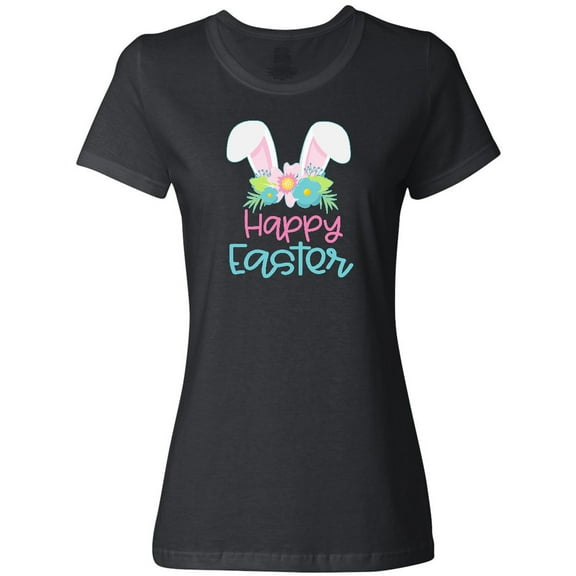 Inktastic Happy Easter with Bunny Ears and Flowers Women's T-Shirt