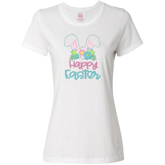 Inktastic Happy Easter with Bunny Ears and Flowers Women's T-Shirt