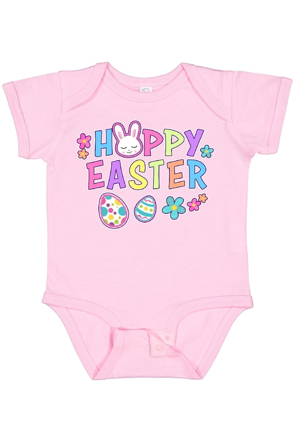Happy Easter with Bunny Face and Easter Eggs Girls Baby Bodysuit