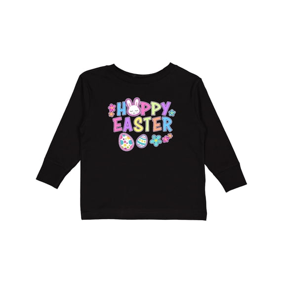 Inktastic Happy Easter with Bunny Face and Easter Eggs Girls Long Sleeve Toddler T-Shirt