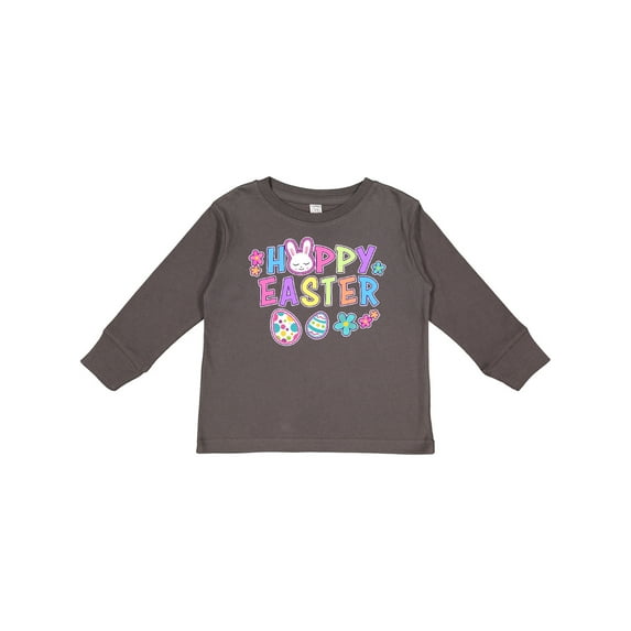 Inktastic Happy Easter with Bunny Face and Easter Eggs Girls Long Sleeve Toddler T-Shirt