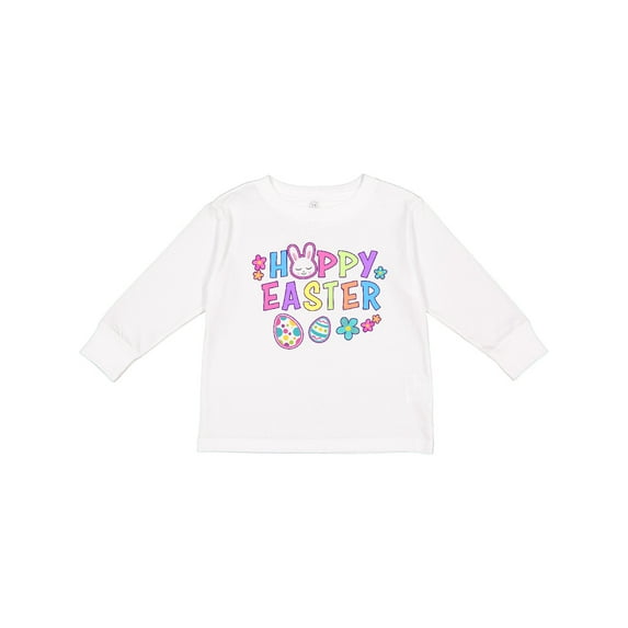Inktastic Happy Easter with Bunny Face and Easter Eggs Girls Long Sleeve Toddler T-Shirt