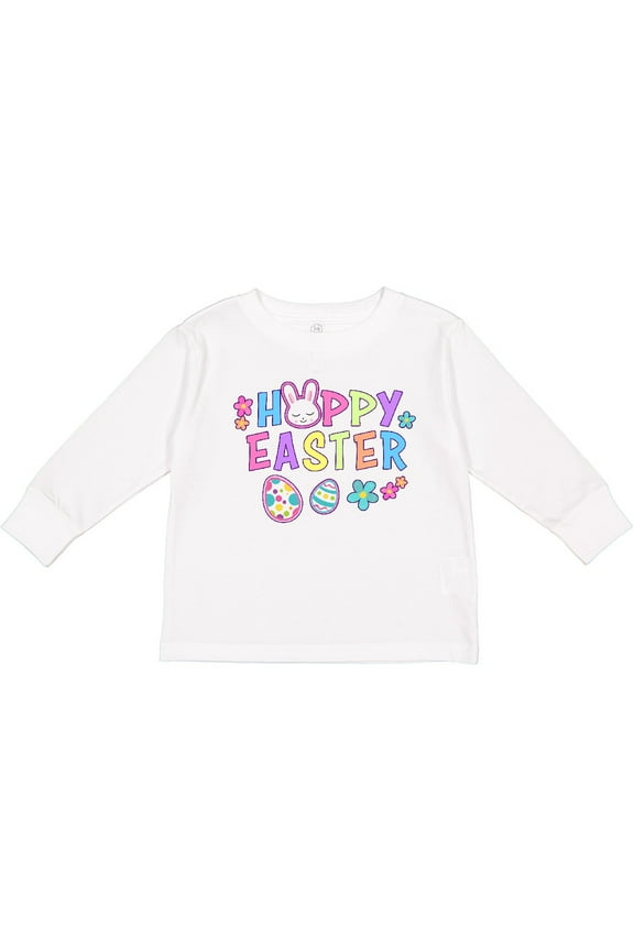 Happy Easter with Bunny Face and Easter Eggs Girls Long Sleeve Toddler T-Shirt
