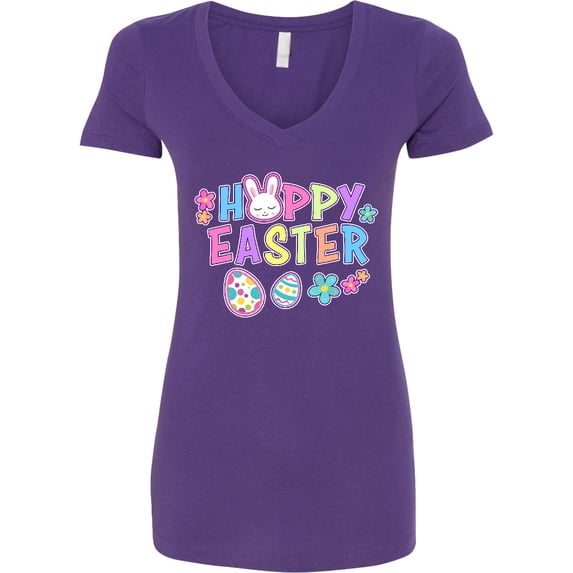 Inktastic Happy Easter with Bunny Face and Easter Eggs Women's V-Neck T-Shirt