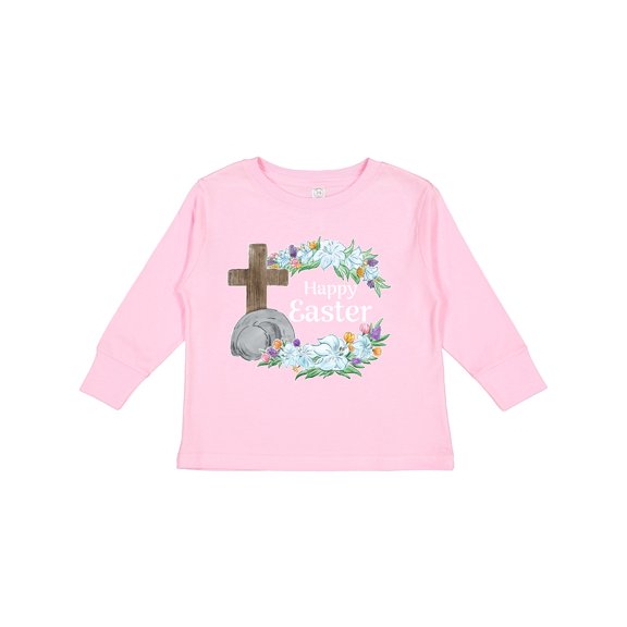 Inktastic Happy Easter with Cross and Flowers Boys or Girls Long Sleeve Toddler T-Shirt
