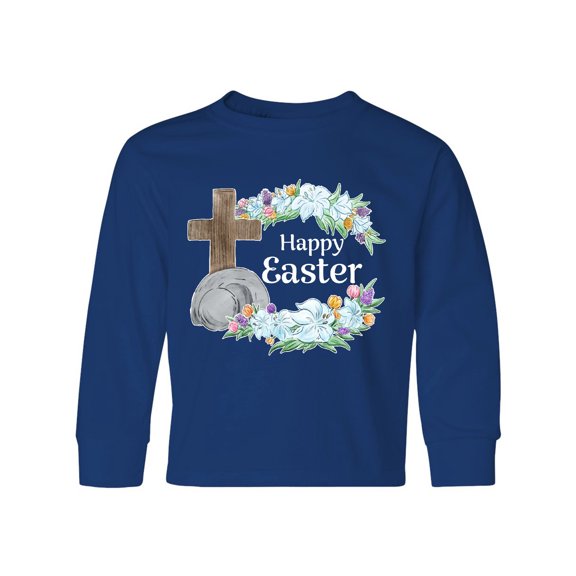 Inktastic Happy Easter with Cross and Flowers Long Sleeve Youth T-Shirt