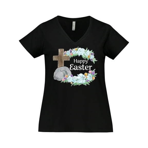 Inktastic Happy Easter with Cross and Flowers Women's Plus Size V-Neck T-Shirt