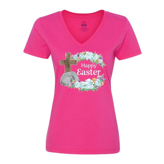 Inktastic Happy Easter with Cross and Flowers Women's V-Neck T-Shirt