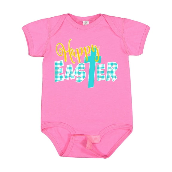 Inktastic Happy Easter with Cross in Teal Plaid Boys or Girls Baby Bodysuit