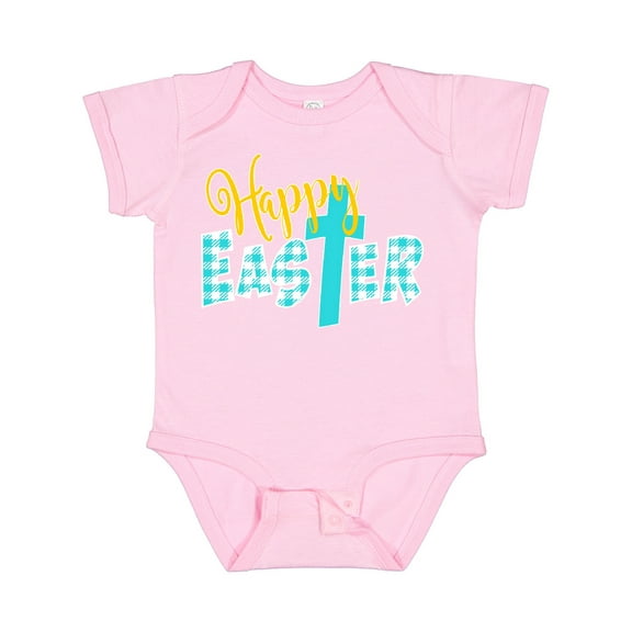 Inktastic Happy Easter with Cross in Teal Plaid Boys or Girls Baby Bodysuit