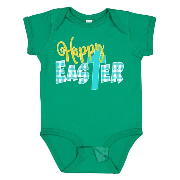 Inktastic Happy Easter with Cross in Teal Plaid Boys or Girls Baby Bodysuit