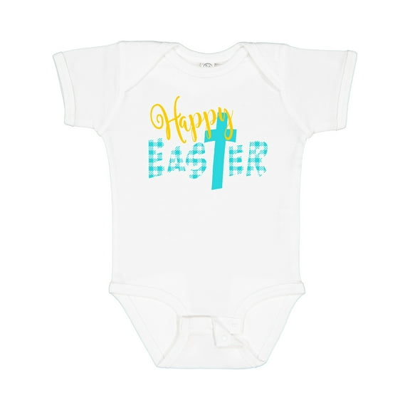 Inktastic Happy Easter with Cross in Teal Plaid Boys or Girls Baby Bodysuit