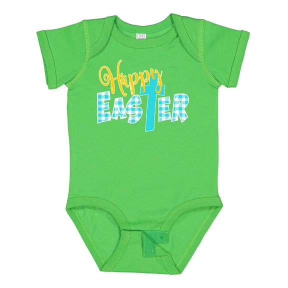 Inktastic Happy Easter with Cross in Teal Plaid Boys or Girls Baby Bodysuit