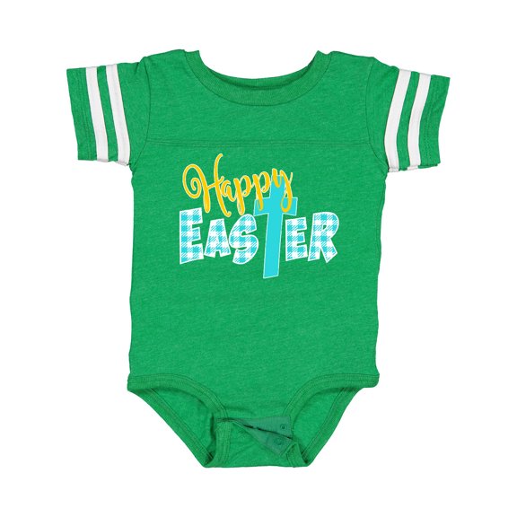 Inktastic Happy Easter with Cross in Teal Plaid Boys or Girls Baby Bodysuit