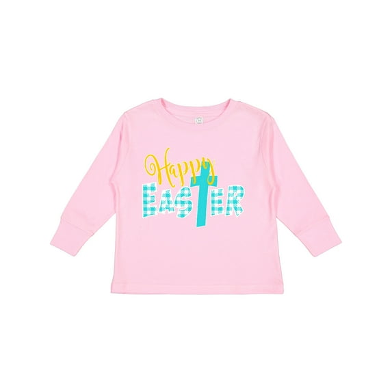Inktastic Happy Easter with Cross in Teal Plaid Boys or Girls Long Sleeve Toddler T-Shirt