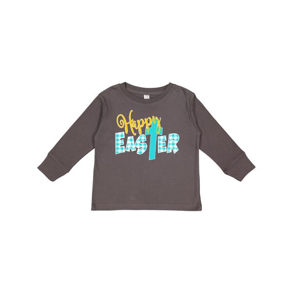 Inktastic Happy Easter with Cross in Teal Plaid Boys or Girls Long Sleeve Toddler T-Shirt