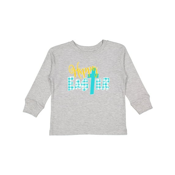 Inktastic Happy Easter with Cross in Teal Plaid Boys or Girls Long Sleeve Toddler T-Shirt