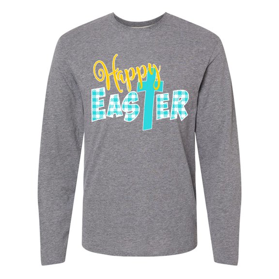 Inktastic Happy Easter with Cross in Teal Plaid Long Sleeve T-Shirt